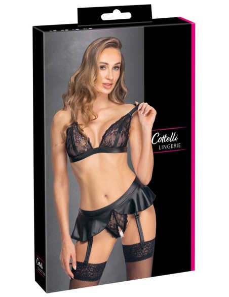 Soutien-gorge et slip fendu à jarretelles noir - Cottelli LINGERIE